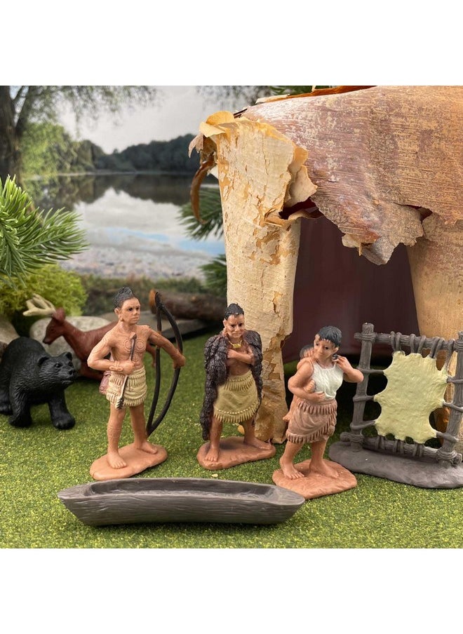 Powhatan Indians Toob - 12 Figurines: Camp Fire, Canoe, Deer Hide, Warriors, Pocahontas, Chief Whunsoncock, & More - Educational Toy Figures For Boys, Girls & Kids Ages 3+