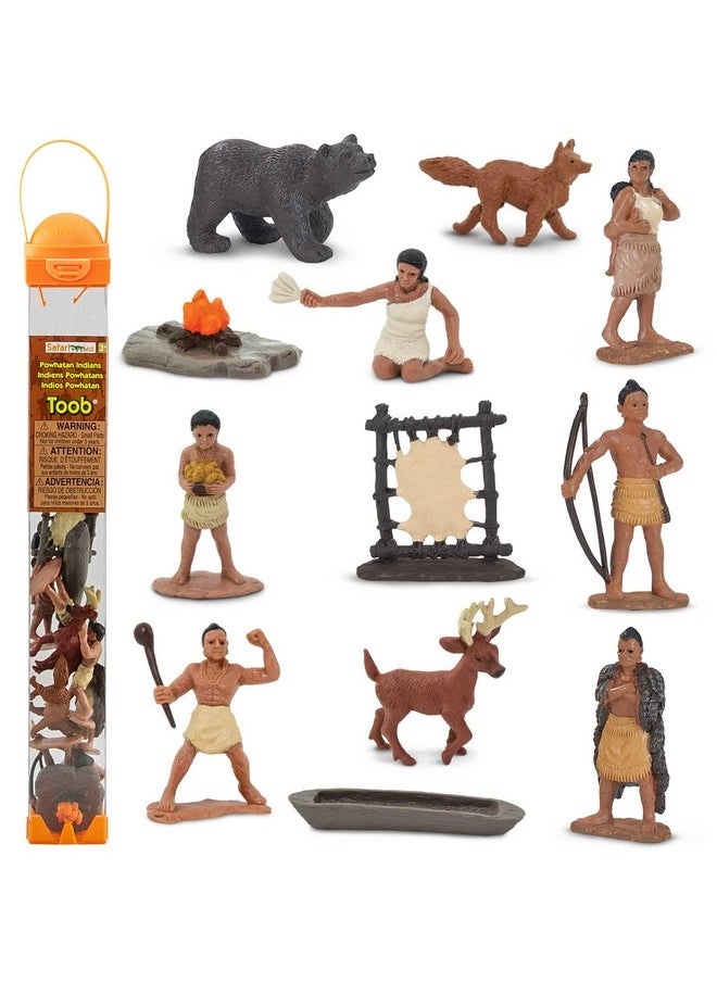 Powhatan Indians Toob - 12 Figurines: Camp Fire, Canoe, Deer Hide, Warriors, Pocahontas, Chief Whunsoncock, & More - Educational Toy Figures For Boys, Girls & Kids Ages 3+