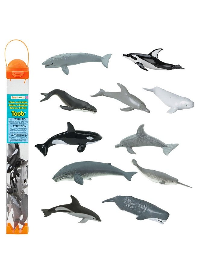 Whales & Dolphins Toob - 12 Mini Figurines: Blue, Beluga, Gray, Killer, Humpback & Sperm Whale, Bottlenose, Common, Spotted Dolphins, Narwhal - Educational Toy Boys, Girls & Kids Ages 3+