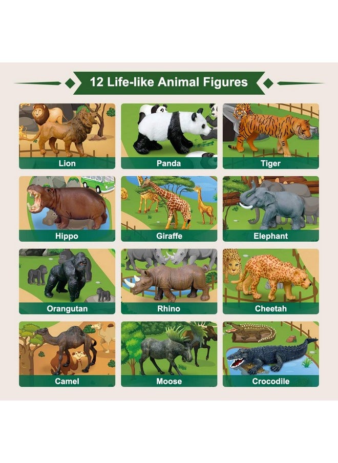 12 Pcs Safari Animals Figures Toys W/ 57X38.6’’ Large Activity Play Mat, Realistic Jumbo Jungle Wild Zoo Animals Figurines Playset W/Elephant, Giraffe, Lion For Kids Boys