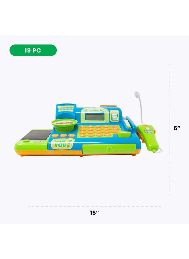 Pretend Play Cash Register Toy For Kids - 19 Piece Interactive Set With Scanner, Microphone, Conveyor Belt, Calculator & Money - Educational Toy For Boys & Girls - Ages 3 And Up