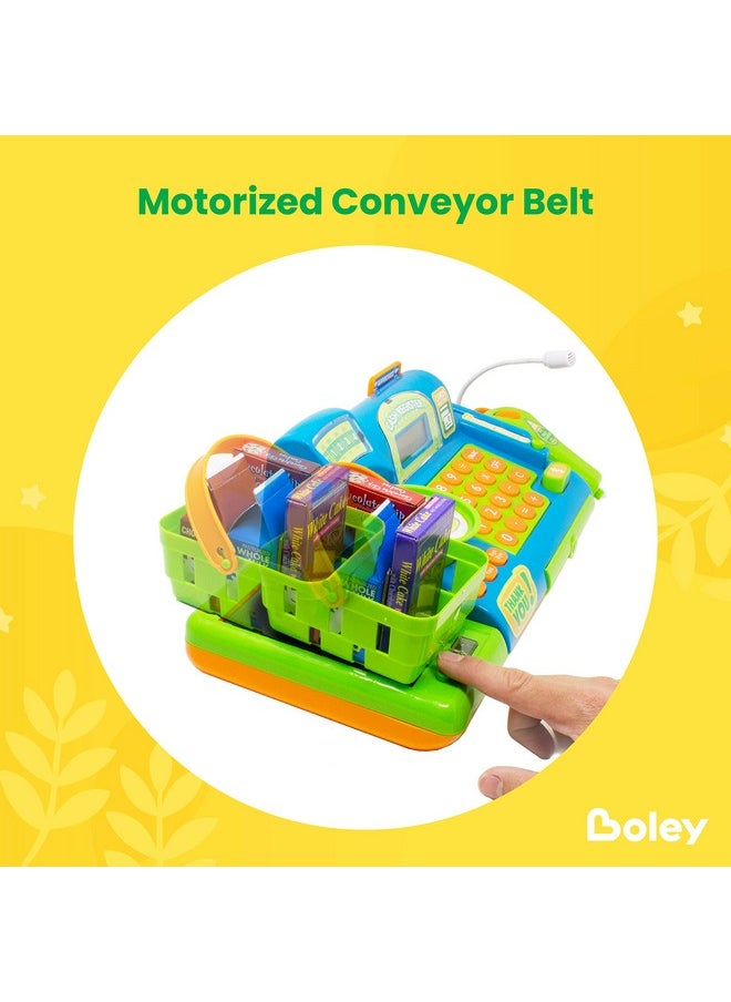 Pretend Play Cash Register Toy For Kids - 19 Piece Interactive Set With Scanner, Microphone, Conveyor Belt, Calculator & Money - Educational Toy For Boys & Girls - Ages 3 And Up
