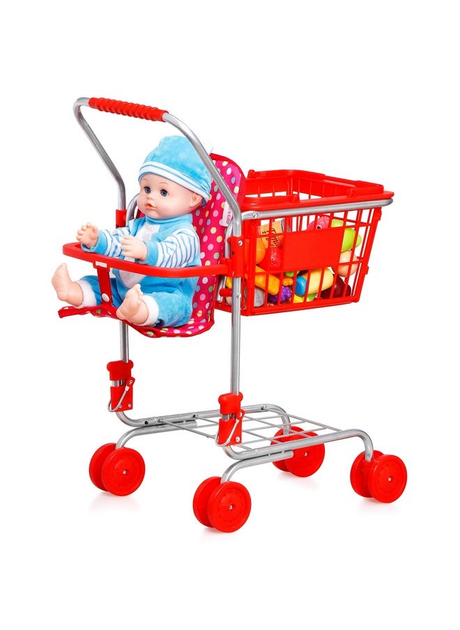 Shop 'N' Go Toy Shopping Cart For Kids And Toddler - Includes Food - Folds For Easy Storage - With Sturdy Metal Frame Pretend Play Food Role Play, Educational Toy (Doll Not Included)