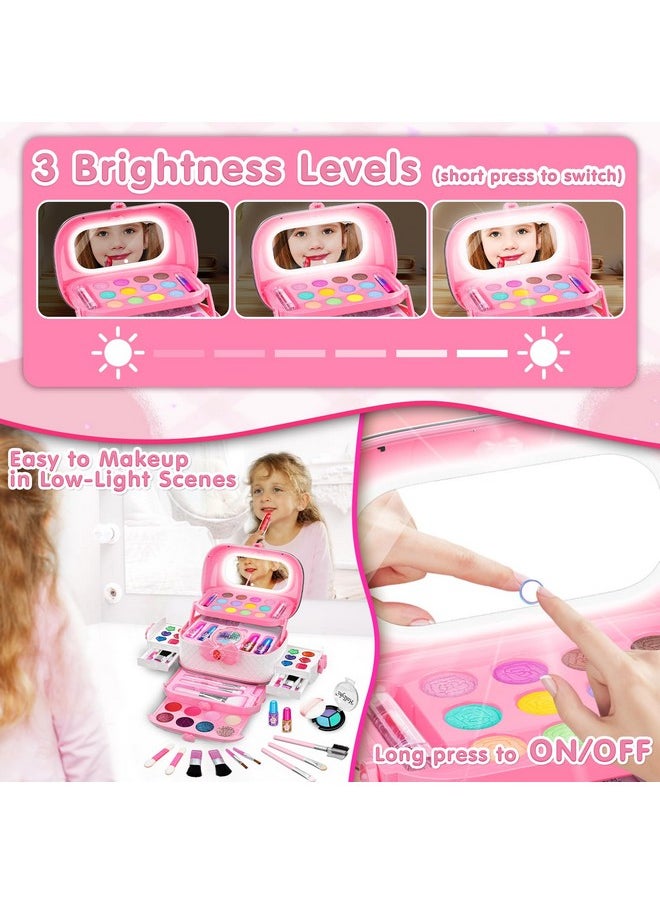 58Pcs Kids Makeup Kit For Girl - Real Washable Cosmetic Set With Light Up Mirror - Kids Makeup Sets For Girls -Play Make Up Birthday For Age 3 4 5 6 7 8 9 10 11 12 Years Old Kid -Pink