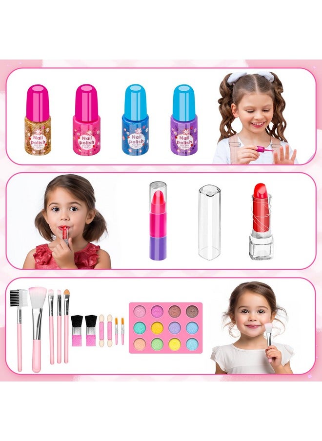 58Pcs Kids Makeup Kit For Girl - Real Washable Cosmetic Set With Light Up Mirror - Kids Makeup Sets For Girls -Play Make Up Birthday For Age 3 4 5 6 7 8 9 10 11 12 Years Old Kid -Pink