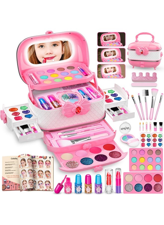 58Pcs Kids Makeup Kit For Girl - Real Washable Cosmetic Set With Light Up Mirror - Kids Makeup Sets For Girls -Play Make Up Birthday For Age 3 4 5 6 7 8 9 10 11 12 Years Old Kid -Pink