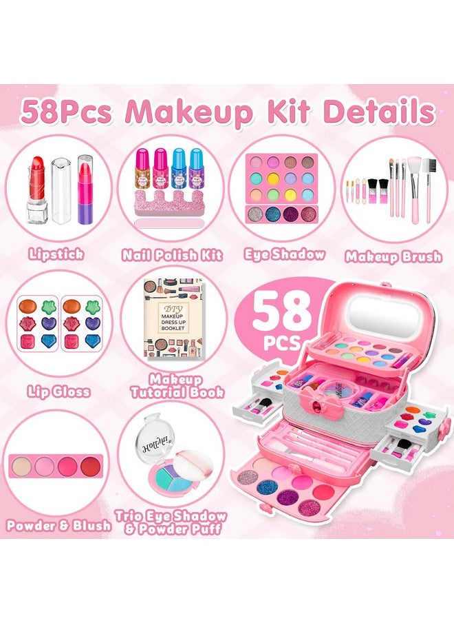 58Pcs Kids Makeup Kit For Girl - Real Washable Cosmetic Set With Light Up Mirror - Kids Makeup Sets For Girls -Play Make Up Birthday For Age 3 4 5 6 7 8 9 10 11 12 Years Old Kid -Pink
