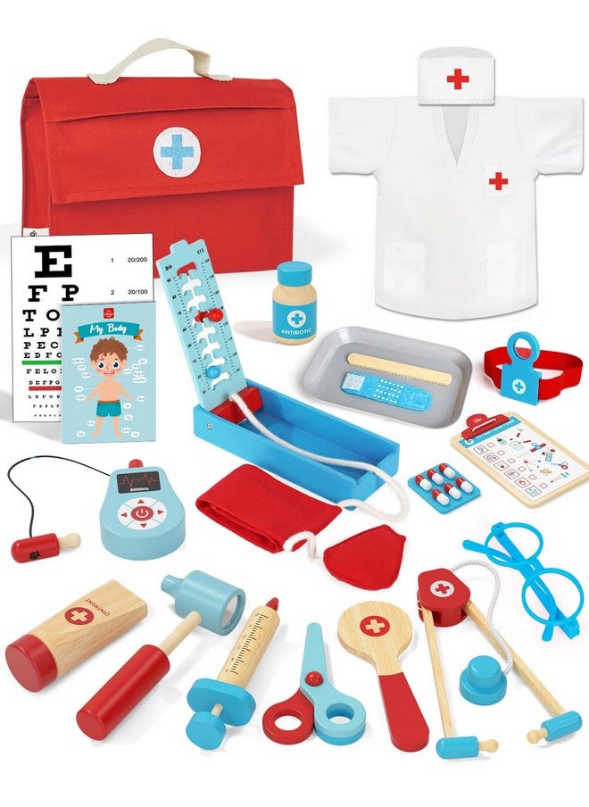Doctor Kit Kids Wooden, Toys For 3+ Year Old Boys, Pretend Play Dr Set, Kids Doctor Playset, Medical Kits With Stethoscope, Gifts For Toddlers Girls Ages 3 4 5 6