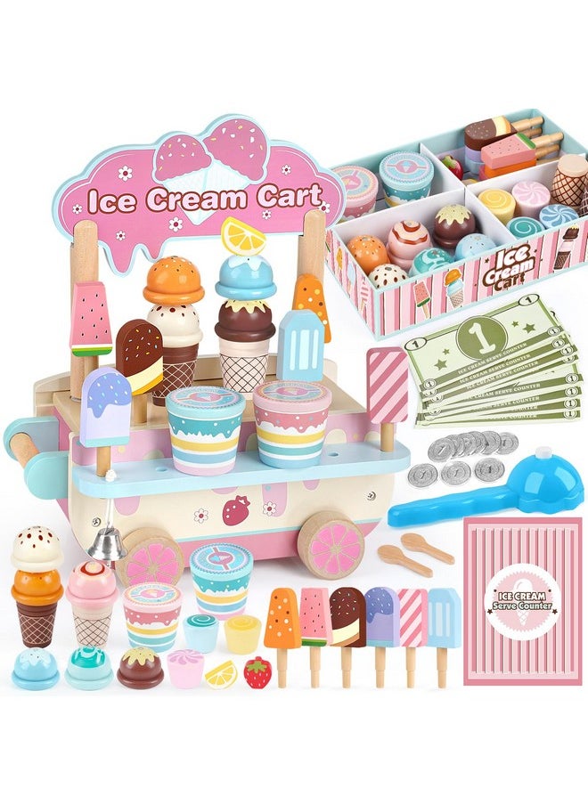 Wooden Ice Cream Toys For Kids Toddlers, 48 Pcs Ice Cream Cart Play Kitchen Accessories With Menu, Pretend Money, Wooden Ice Cream Shop Play Food Sets For 3 4 5 6 Year Old Girls Boys Gifts