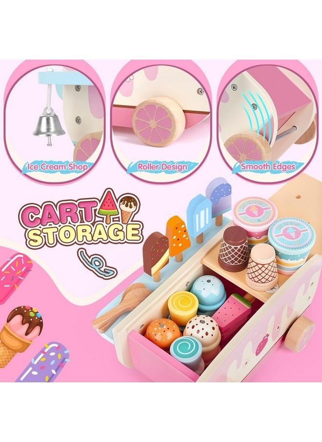 Wooden Ice Cream Toys For Kids Toddlers, 48 Pcs Ice Cream Cart Play Kitchen Accessories With Menu, Pretend Money, Wooden Ice Cream Shop Play Food Sets For 3 4 5 6 Year Old Girls Boys Gifts