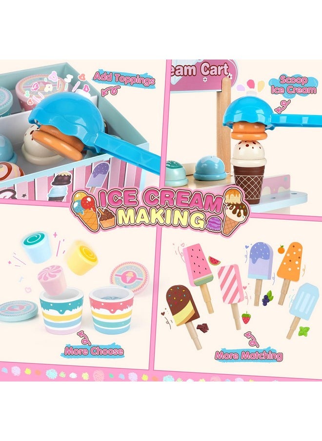 Wooden Ice Cream Toys For Kids Toddlers, 48 Pcs Ice Cream Cart Play Kitchen Accessories With Menu, Pretend Money, Wooden Ice Cream Shop Play Food Sets For 3 4 5 6 Year Old Girls Boys Gifts