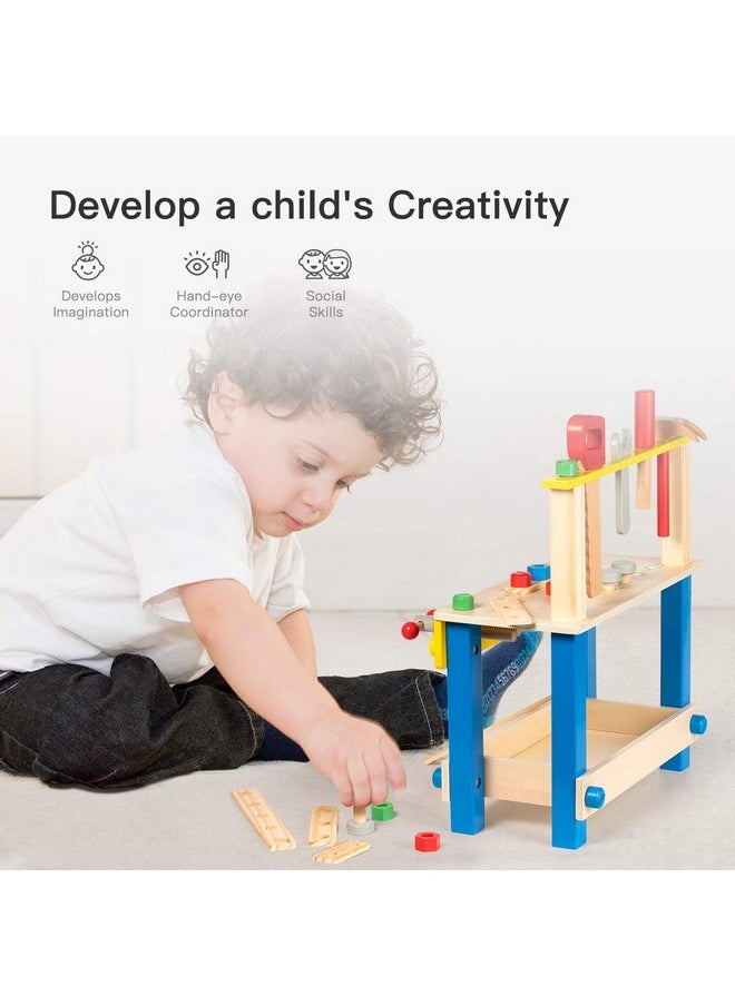Solid Wood Tool Stand Set For Toddlers And Kids, Wooden Workbench Toy Birthday For Boys Girls For 3 Year Old And Up