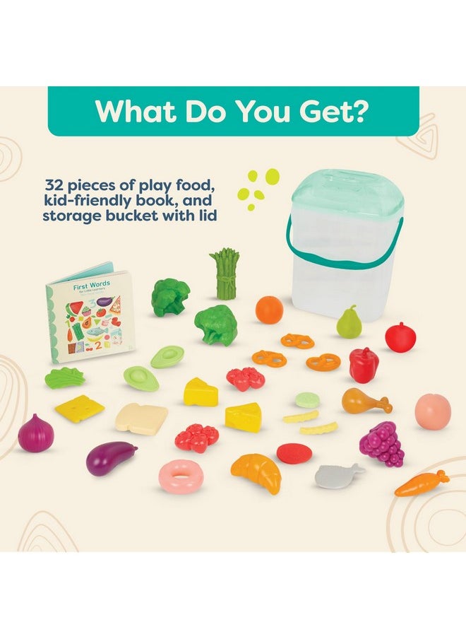 - Foodie Fun- Pretend Play Food & Board Book Set - 32 Pieces Of Play Food - Educational Book For Toddlers - Storage Bucket With Lid - 2 Years +