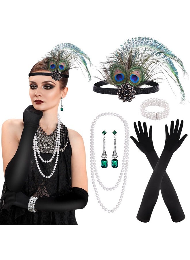 7 Pieces 1920S Flapper Great Gatsby Accessories Set Fashion Roaring 20'S Theme Set With Headband Headpiece Long Black Gloves Necklace Earrings For Women(Style 5)