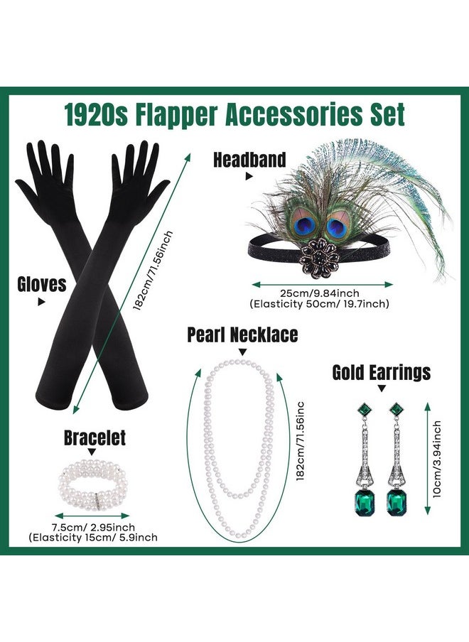 7 Pieces 1920S Flapper Great Gatsby Accessories Set Fashion Roaring 20'S Theme Set With Headband Headpiece Long Black Gloves Necklace Earrings For Women(Style 5)