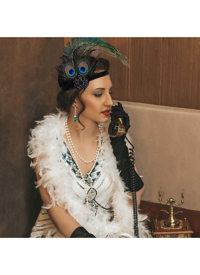 7 Pieces 1920S Flapper Great Gatsby Accessories Set Fashion Roaring 20'S Theme Set With Headband Headpiece Long Black Gloves Necklace Earrings For Women(Style 5)