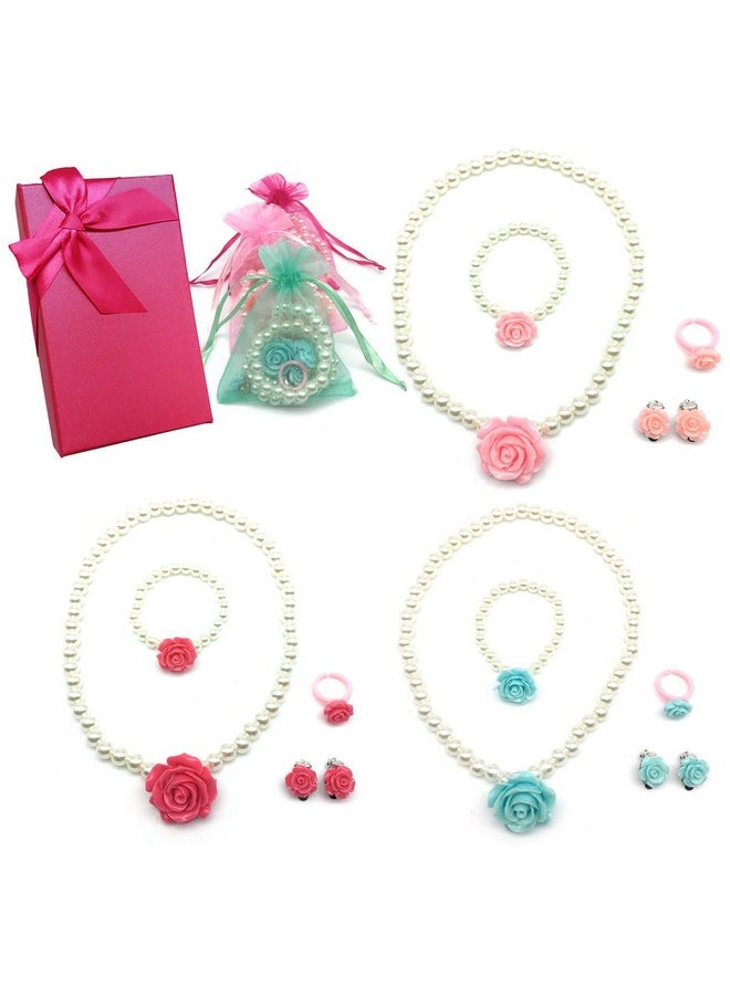 Girl Party Favor Pretend Play Princess Rose Pearl Jewelry Value Set - Necklace, Bracelet, Earrings, Ring