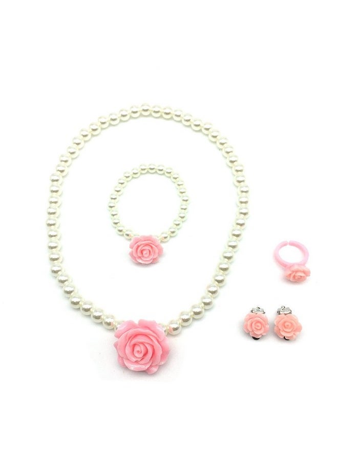 Girl Party Favor Pretend Play Princess Rose Pearl Jewelry Value Set - Necklace, Bracelet, Earrings, Ring