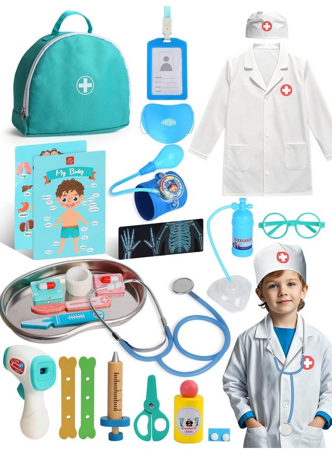 Doctor Kit For Kids Realistic, Kids Doctor Kit Wooden, Pretend Doctor Playset For Toddlers 3-5, Medical Kits Toys For Boys Girls, With Stethoscope Syringe Doctor Bag