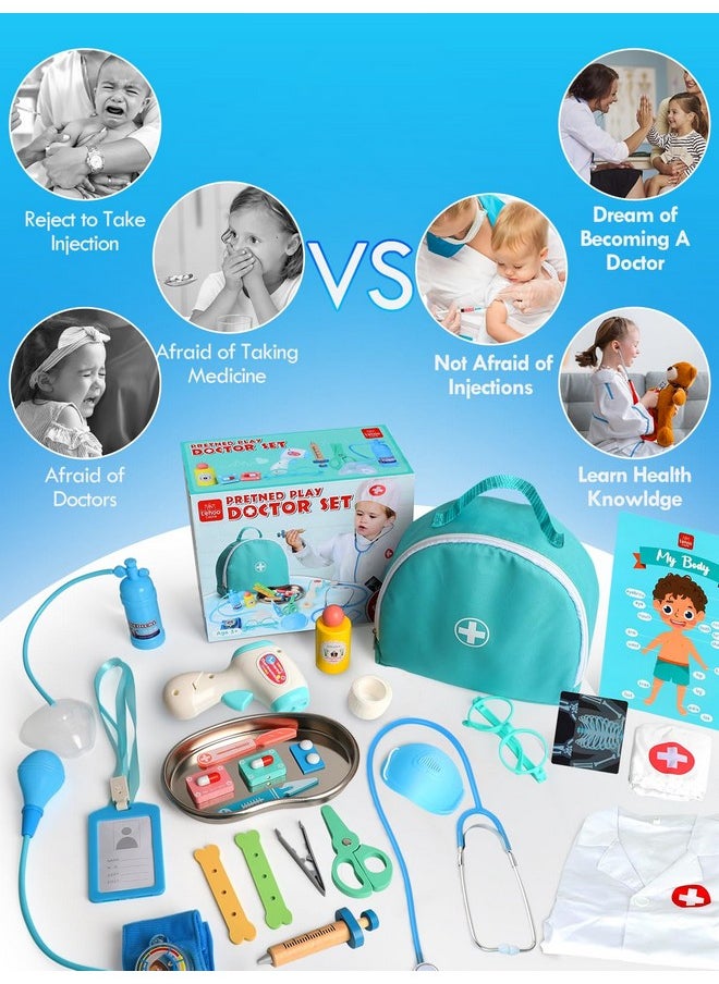Doctor Kit For Kids Realistic, Kids Doctor Kit Wooden, Pretend Doctor Playset For Toddlers 3-5, Medical Kits Toys For Boys Girls, With Stethoscope Syringe Doctor Bag