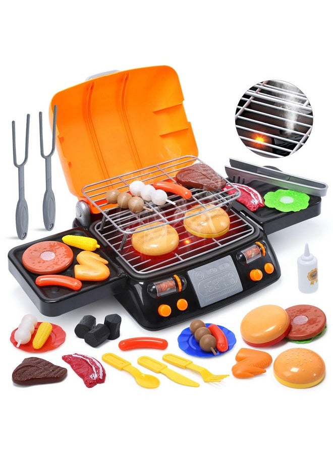 Cooking Toy Bbq Set, 2-Layer Kids Grill Playset With Play Food, Pretend Smoke Sound And Light, Kitchen Accessories Utensils Toy, Outdoor Camping Barbecue Toys Gift For Toddlers Girls Boys