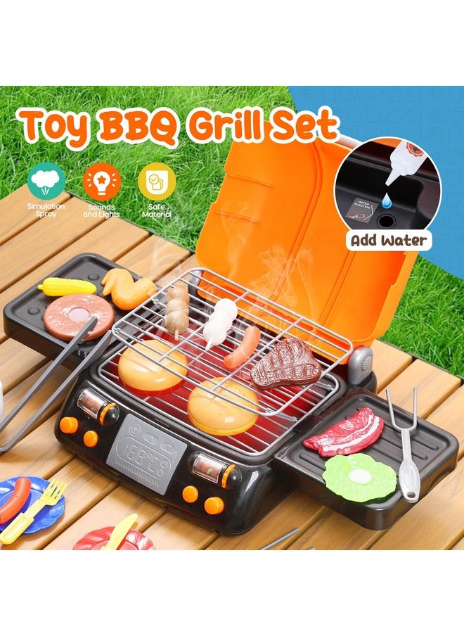 Cooking Toy Bbq Set, 2-Layer Kids Grill Playset With Play Food, Pretend Smoke Sound And Light, Kitchen Accessories Utensils Toy, Outdoor Camping Barbecue Toys Gift For Toddlers Girls Boys