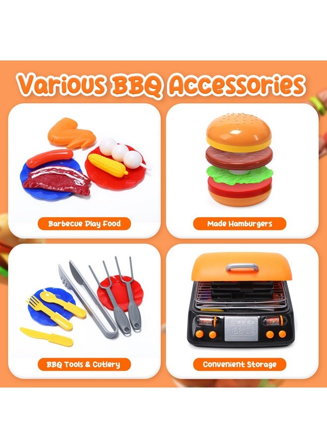 Cooking Toy Bbq Set, 2-Layer Kids Grill Playset With Play Food, Pretend Smoke Sound And Light, Kitchen Accessories Utensils Toy, Outdoor Camping Barbecue Toys Gift For Toddlers Girls Boys