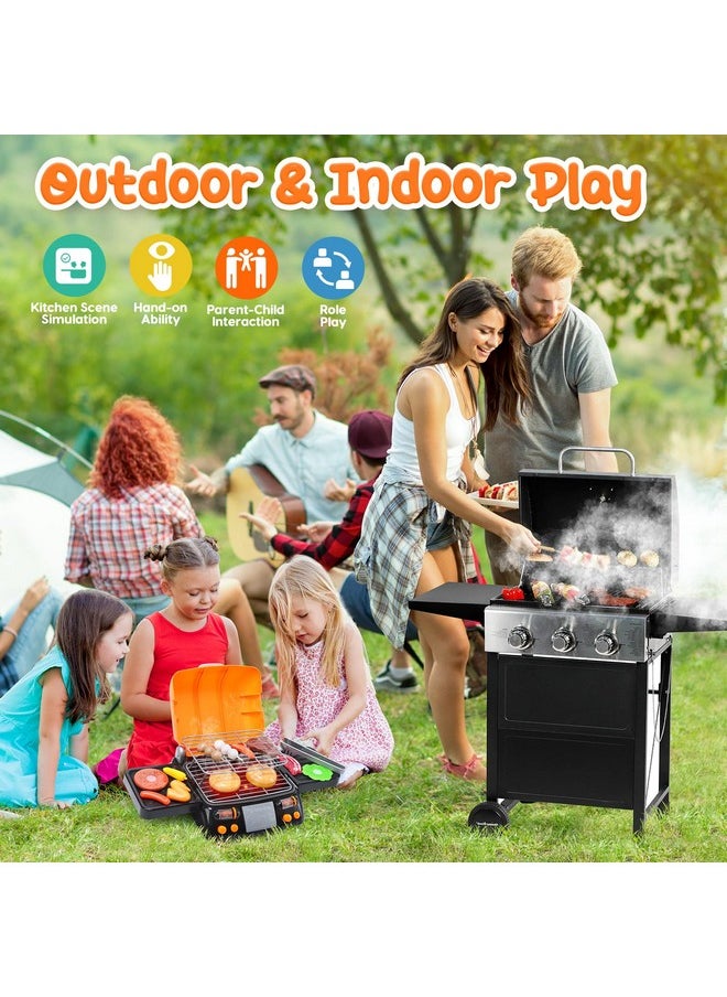 Cooking Toy Bbq Set, 2-Layer Kids Grill Playset With Play Food, Pretend Smoke Sound And Light, Kitchen Accessories Utensils Toy, Outdoor Camping Barbecue Toys Gift For Toddlers Girls Boys