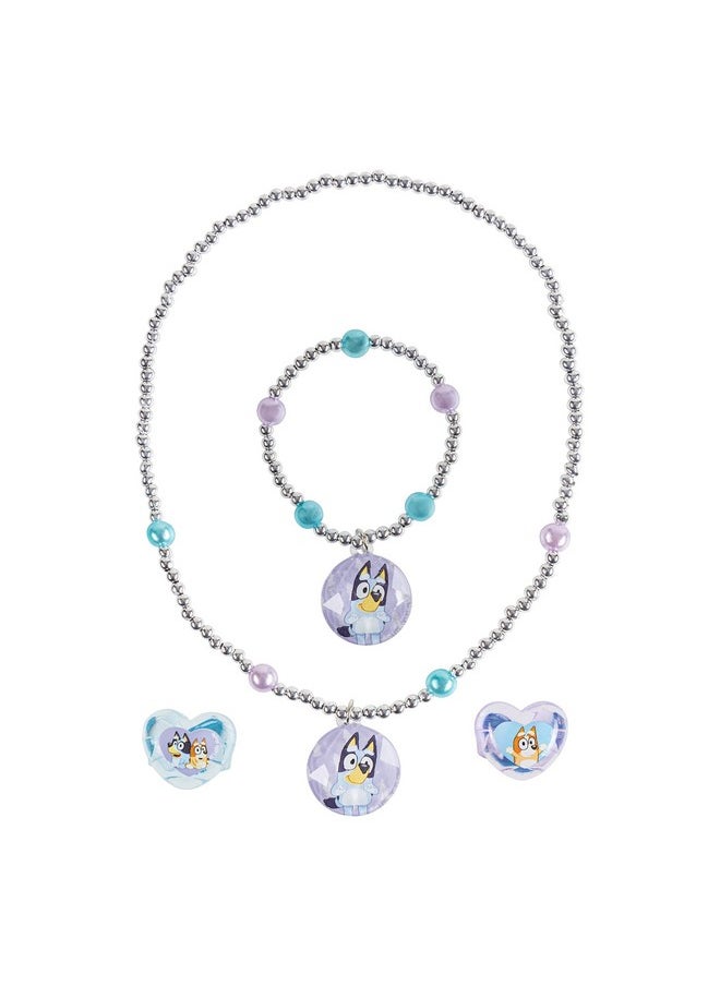 Bluey Girls 4 Piece Costume Toy Jewelry Box Set With Silver Rings, Bead Bracelet And Necklace Ages 3+