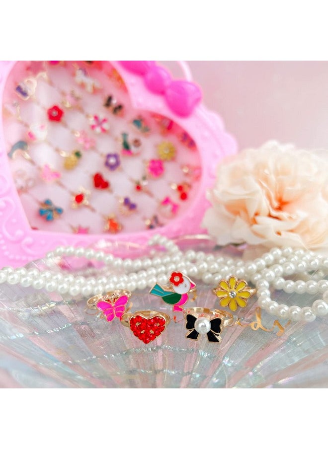 36Pcs Children Kids Little Girl Adjustable Jewelry Rings In Box, Girl Pretend Play And Dress Up Rings With Heart Shape Display Case