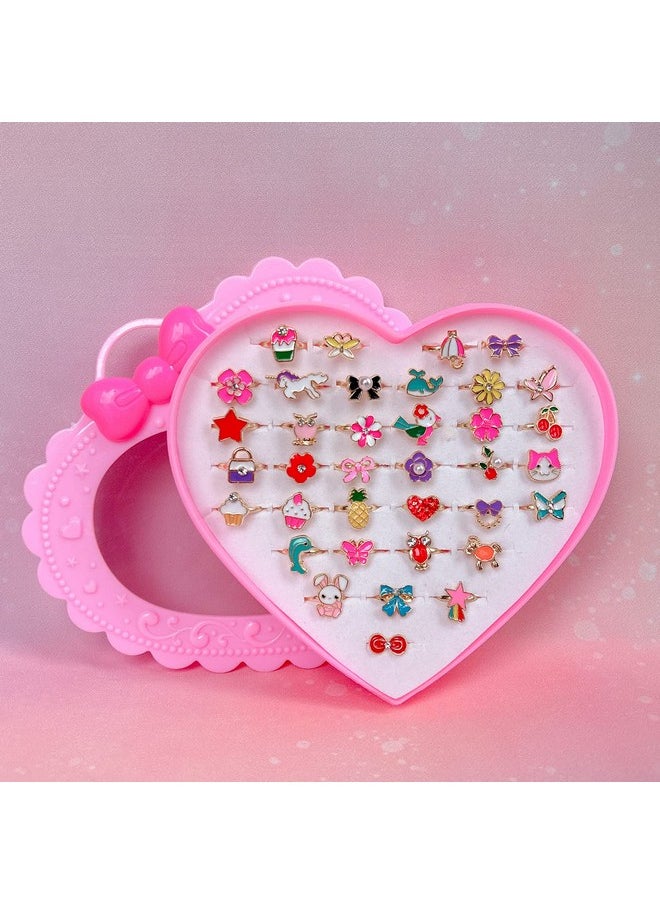 36Pcs Children Kids Little Girl Adjustable Jewelry Rings In Box, Girl Pretend Play And Dress Up Rings With Heart Shape Display Case