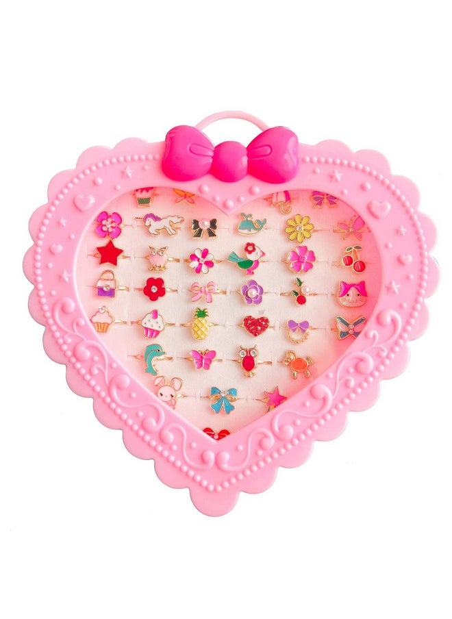 36Pcs Children Kids Little Girl Adjustable Jewelry Rings In Box, Girl Pretend Play And Dress Up Rings With Heart Shape Display Case