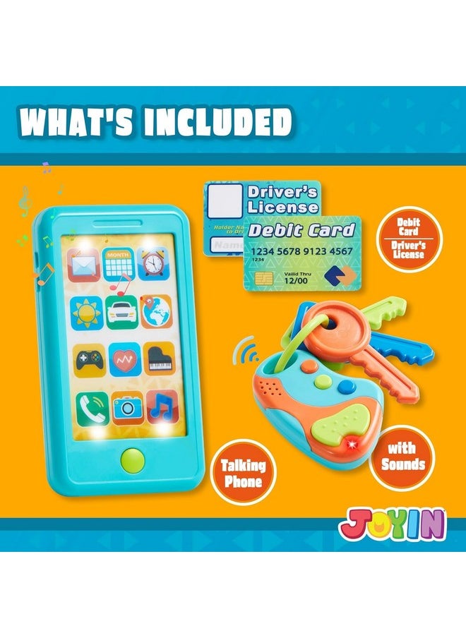 Pretend Toddler Play Phone, Learning Toy Phone Set,Keyfob Key Toy And Credit Cards Set, Kids Cellphone Toys, Girls Boys Birthday Gifts For 1 2 3 Year Old,Baby Blue, Kids Presents Toys