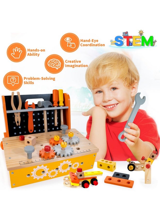 Wooden Tool Bench For Kids, 54-Piece Kids Tool Set With 2-In-1 Workbench & Take-Along Tool Kit, Stem Educational Toy Tools For Kids Ages 3 4 5 6 7 8 Years Old, Boy Toys