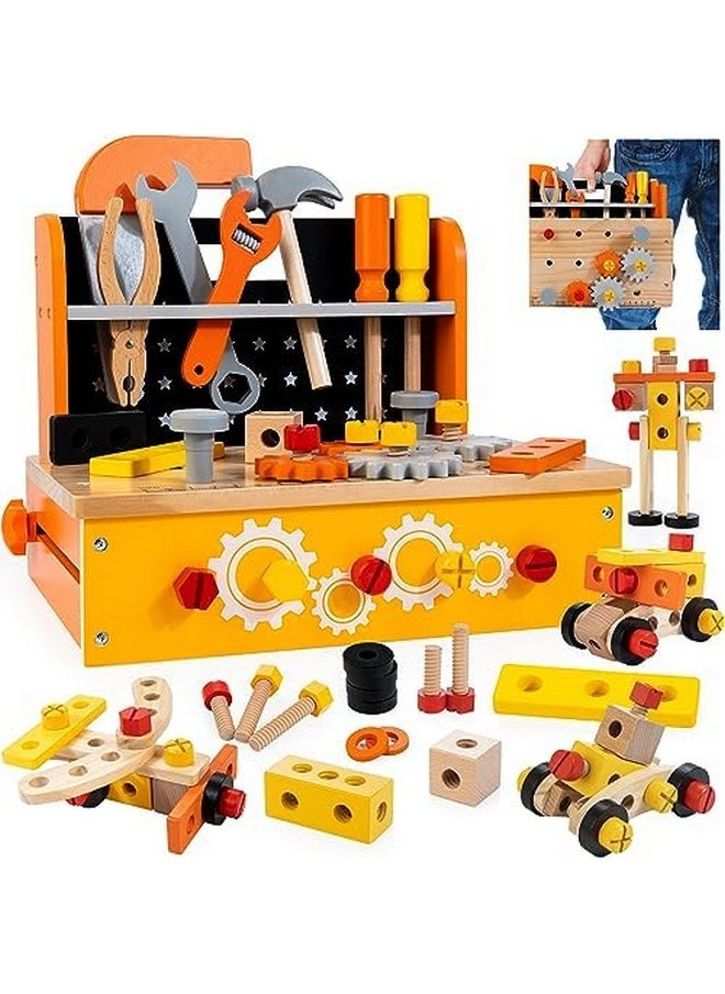 Wooden Tool Bench For Kids, 54-Piece Kids Tool Set With 2-In-1 Workbench & Take-Along Tool Kit, Stem Educational Toy Tools For Kids Ages 3 4 5 6 7 8 Years Old, Boy Toys