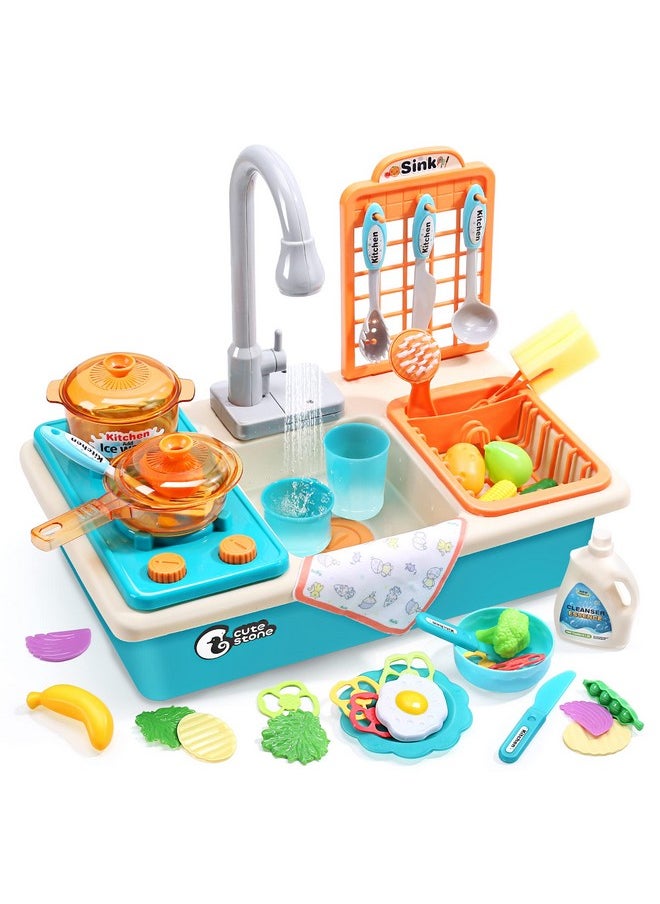 Play Kitchen Sink Toys With Upgraded Real Faucet, Play Cooking Stove, Cookware Pot And Pan,Play Food, Color Changing Dishes Accessories For Boys Girls Toddlers