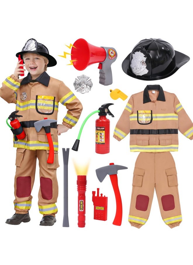 12Pcs Firefighter Costume For Kids, Brown Fireman Outfit With Complete Firefighter Accessories, Dress Up Pretend Play Toy Birthday Gift Halloween Costume For Boy Kid Toddler