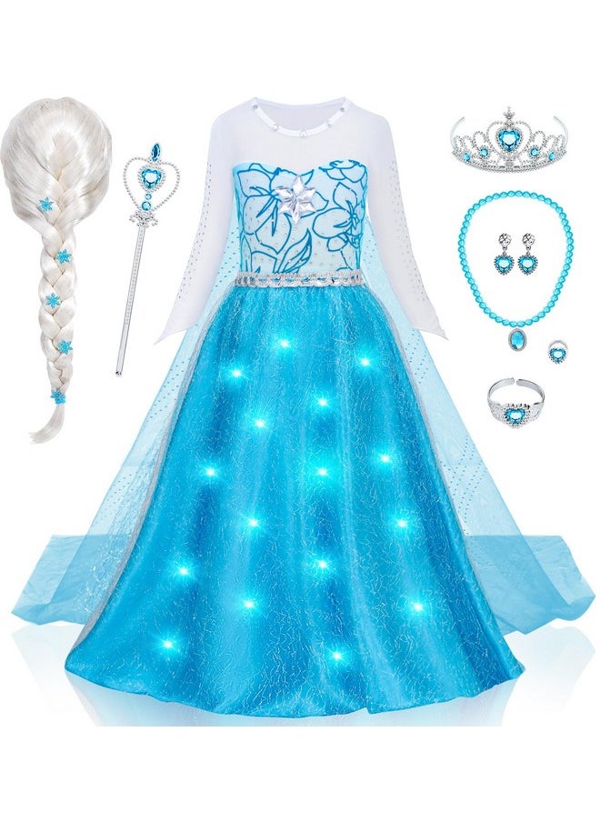Girls Light Up Elsa Dress Costume Toddler Princess Dress Up With Cape Kids Elsa Wig Crown Wand Toys Halloween Cosplay Birthday Party Gifts