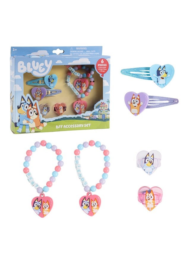 Bluey Girls Bff 6 Piece Toy Jewelry Box Set With 2 Rings, 2 Bead Bracelets And Snap Hair Clips Ages 3+