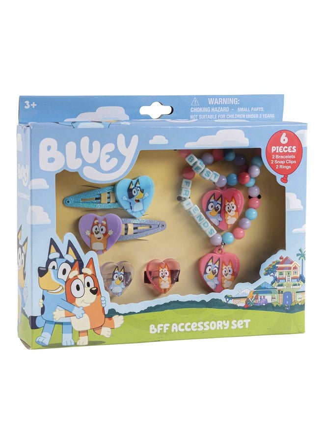 Bluey Girls Bff 6 Piece Toy Jewelry Box Set With 2 Rings, 2 Bead Bracelets And Snap Hair Clips Ages 3+