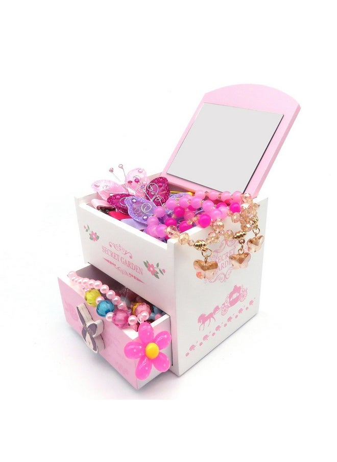 Little Girl Kids Wood Jewelry Box And 75 Pieces Girl Princess Jewelry Dress Up Accessories Toy Playset Set