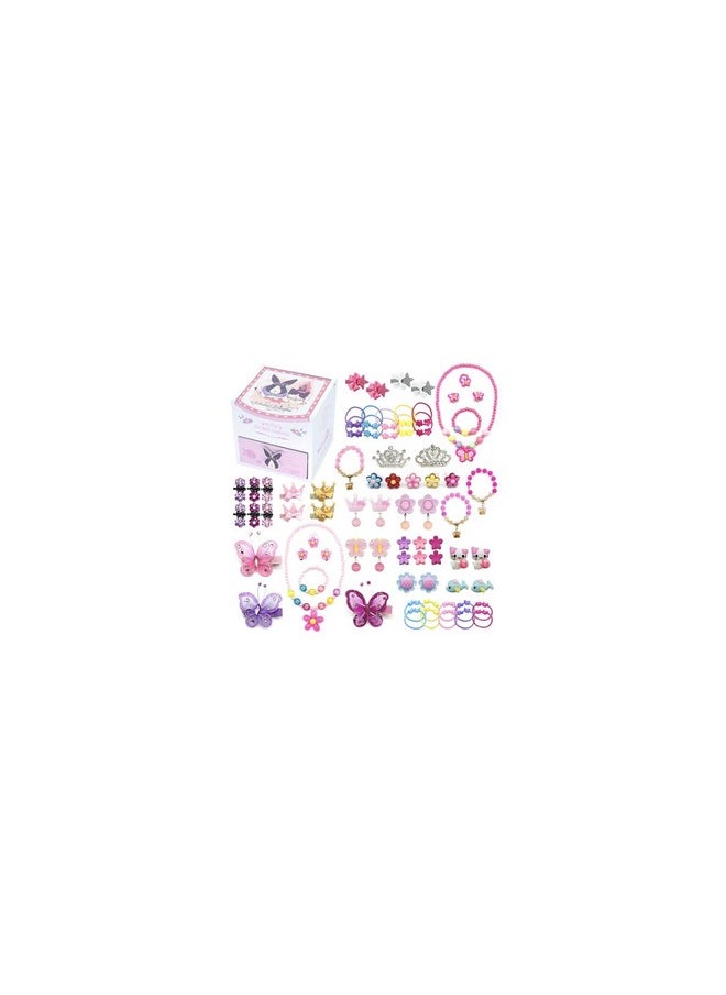 Little Girl Kids Wood Jewelry Box And 75 Pieces Girl Princess Jewelry Dress Up Accessories Toy Playset Set
