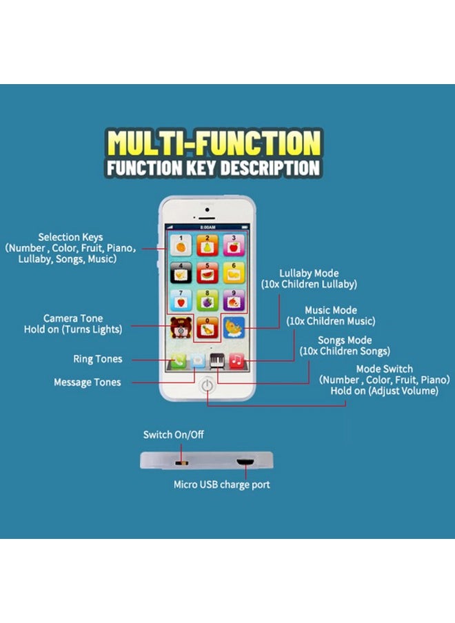 White Smart Phone Toy Music Lullaby Yphone Song Touch Screen Usb Recharable Cell Phone Learning English Mobile For Toddler Child