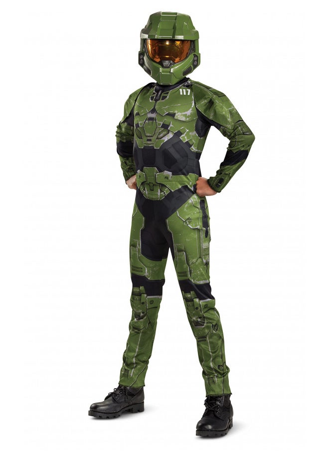 Halo Infinite Master Chief Costume, Kids Size Video Game Inspired Character Jumpsuit, Classic Child Size XL (14-16), Green & Black