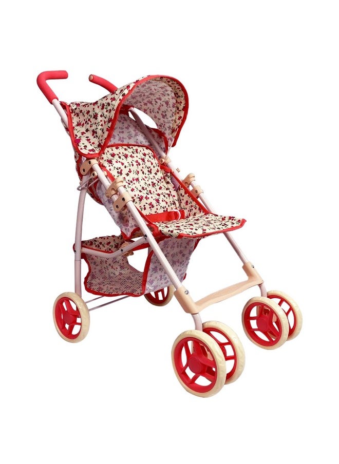 Baby Doll Stroller For Toddler Girls & Big Kids Up To 8 Years Old | 28” Baby Stroller For Dolls, Toy Baby Stroller With Cute Coral Floral Print, Mesh Storage Basket, Canopy, Handle Grips, Rubber Tires