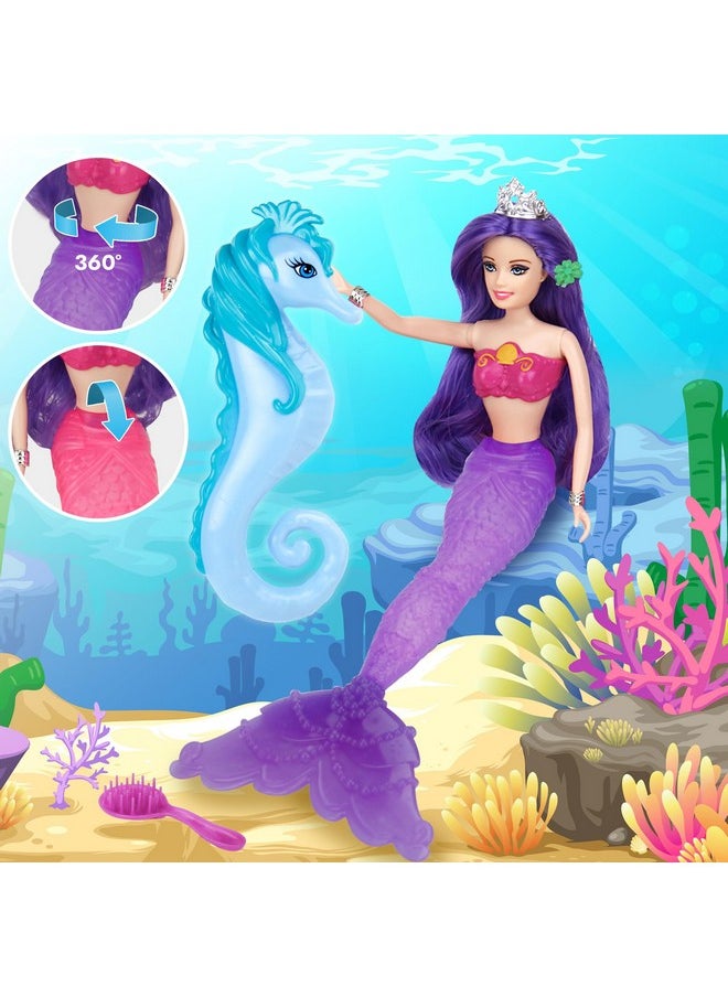 Color Change Mermaid Doll Playset, Mermaid Princess Doll With Color-Changing Tail, Mermaid Toys With Seahorse & Accessories, Purple Hair