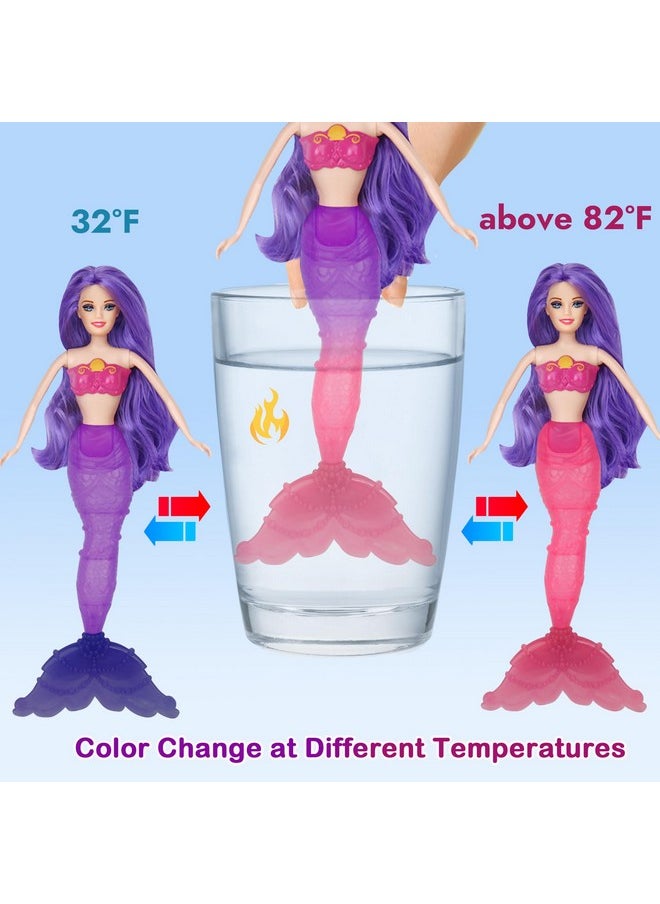 Color Change Mermaid Doll Playset, Mermaid Princess Doll With Color-Changing Tail, Mermaid Toys With Seahorse & Accessories, Purple Hair