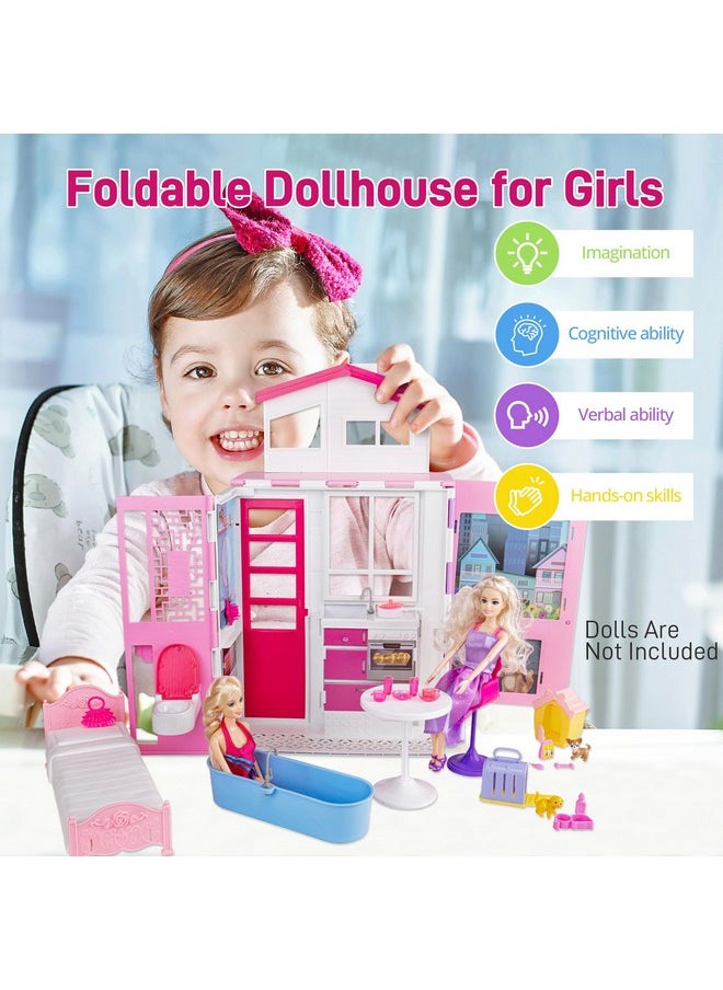 Foldable Doll House For 11.5 Inch Dolls,2-Story Portable Dream Dollhouse With Furniture & Accessories, Great Gift For Girls 3-12 Years Old