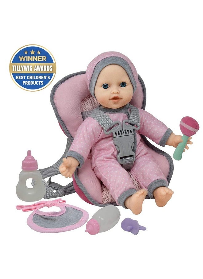 Doll Travel Playset - Baby Doll Car Seat Carrier Backpack With 12 Inch Soft Body Doll Includes Doll Bottles And Toy Accessories … (Caucasian)