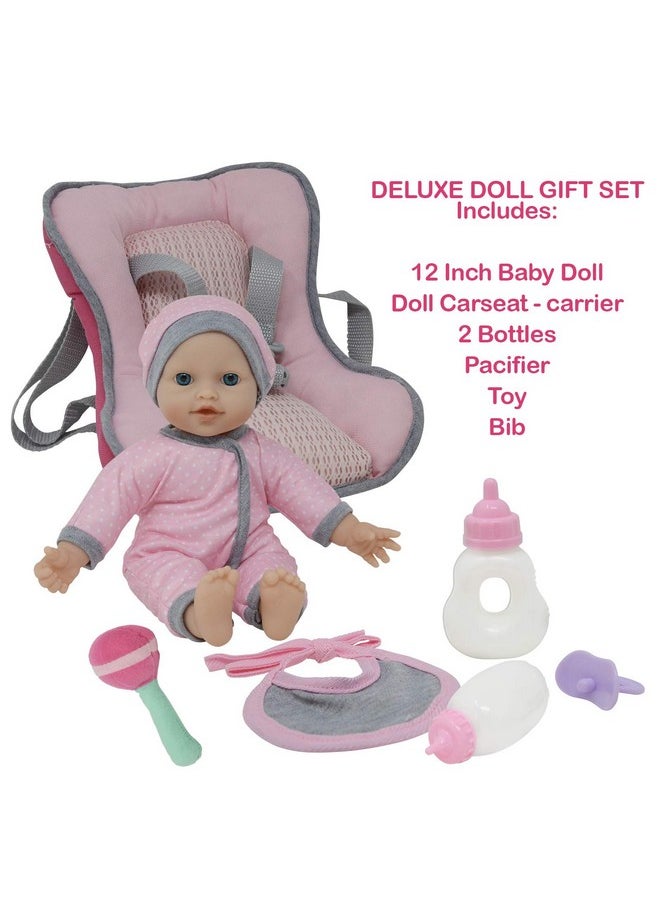 Doll Travel Playset - Baby Doll Car Seat Carrier Backpack With 12 Inch Soft Body Doll Includes Doll Bottles And Toy Accessories … (Caucasian)